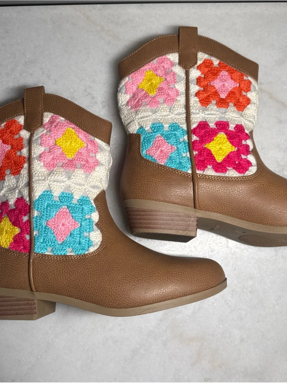 Sonoma Girls Western Cowboy Boots Brown Crochet Mid-Calf Ankle Boots Size 5 Boho